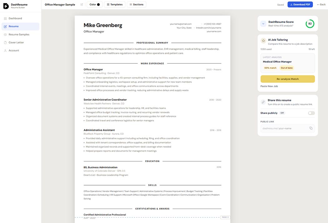 resume builder interface with ATS scoring panel